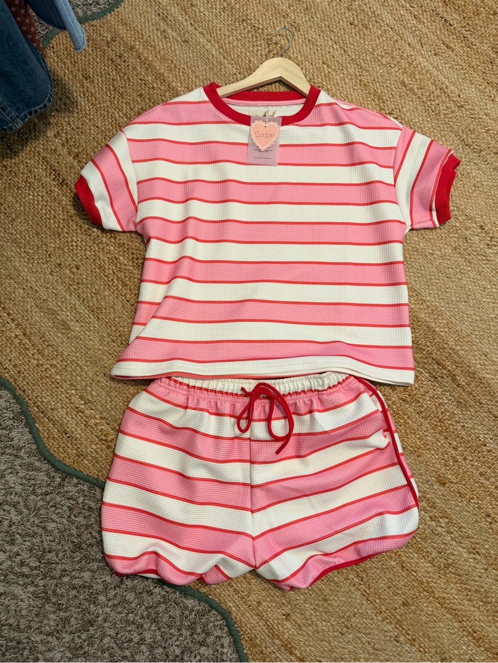 Girls Pink & White Striped Short Pajama Set with Red Trim